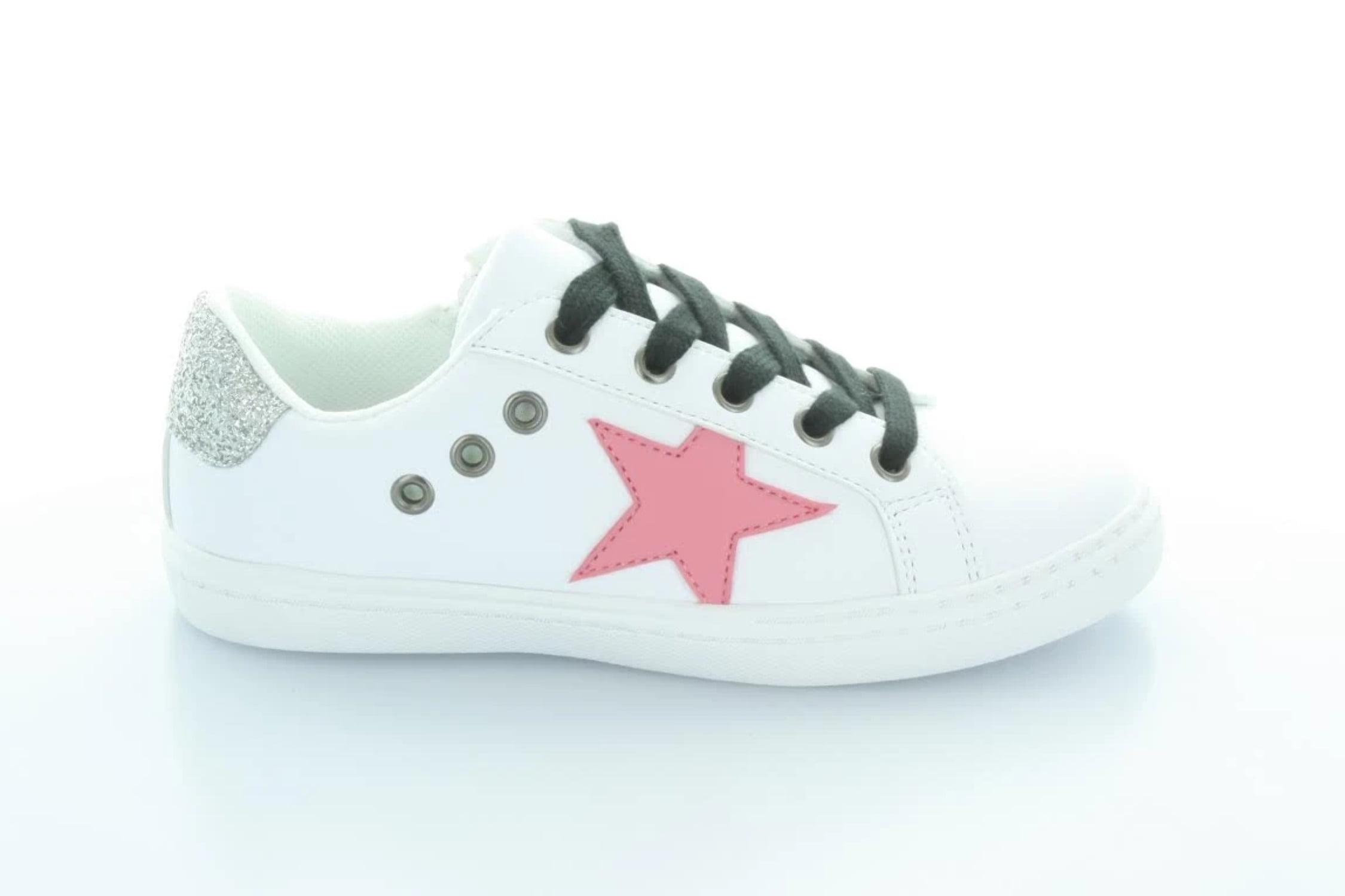 Little Kid/Big Kid Silver Stars Design- Laceup Leather Fashion Sneakers HOO Girls White 