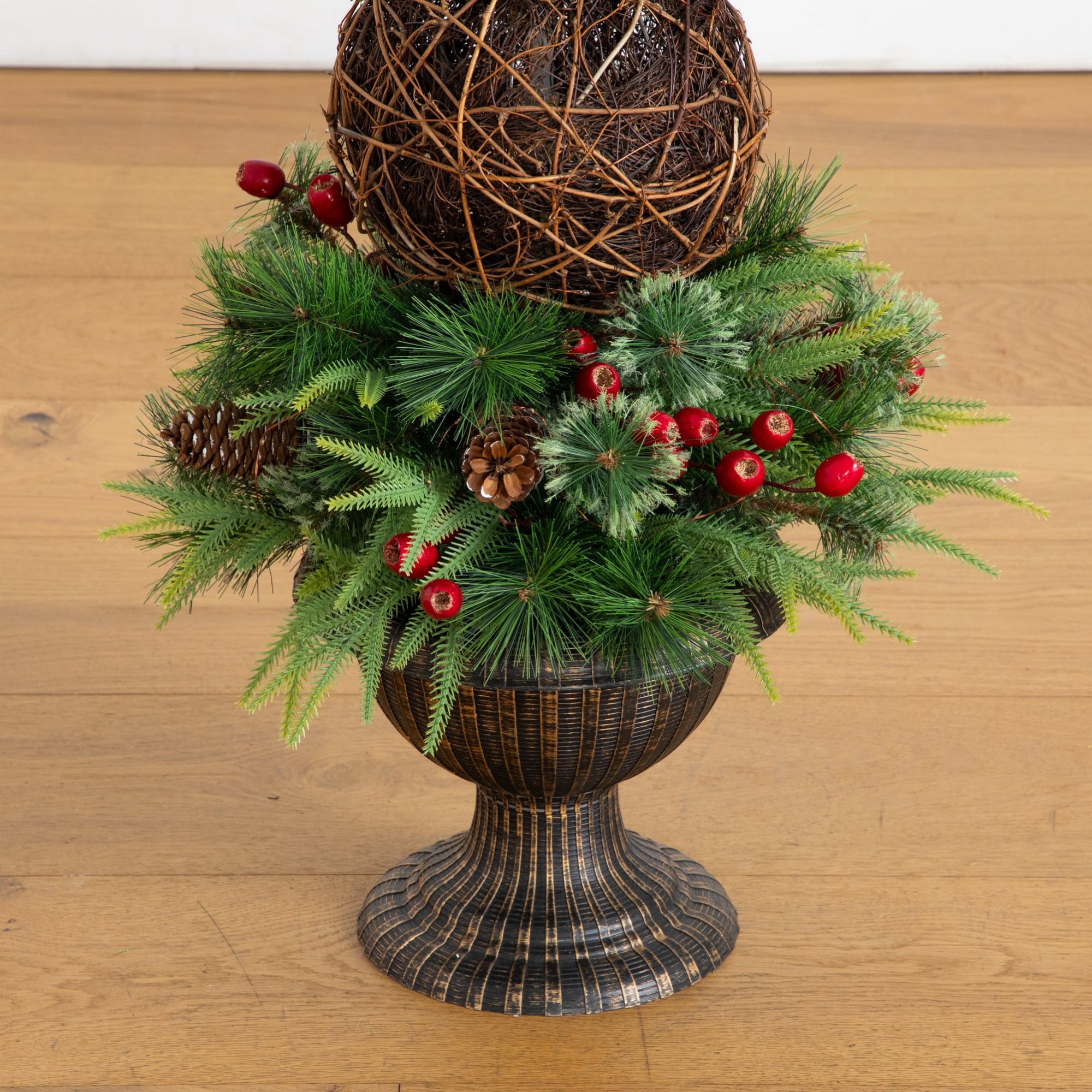 3ft. Pre-Lit Artificial Finial Boxwood Ornament Mixed Pine Topiary Christmas Tree with 70 LED Lights in Decorative Urn