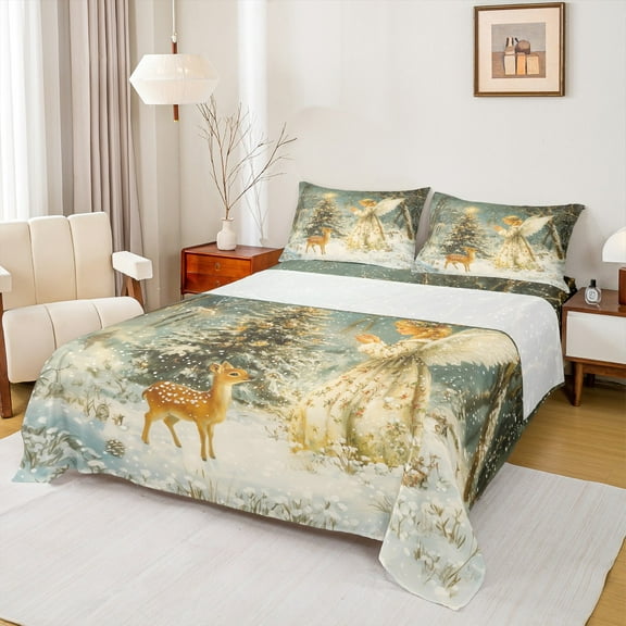 Feelyou Vintage Fairy Elf Twin Sheet Sets for Kids, Christmas Reindeer Twin Fitted Sheet, Princess Flat Sheet, , Lightweight Room Decor, 3-Piece