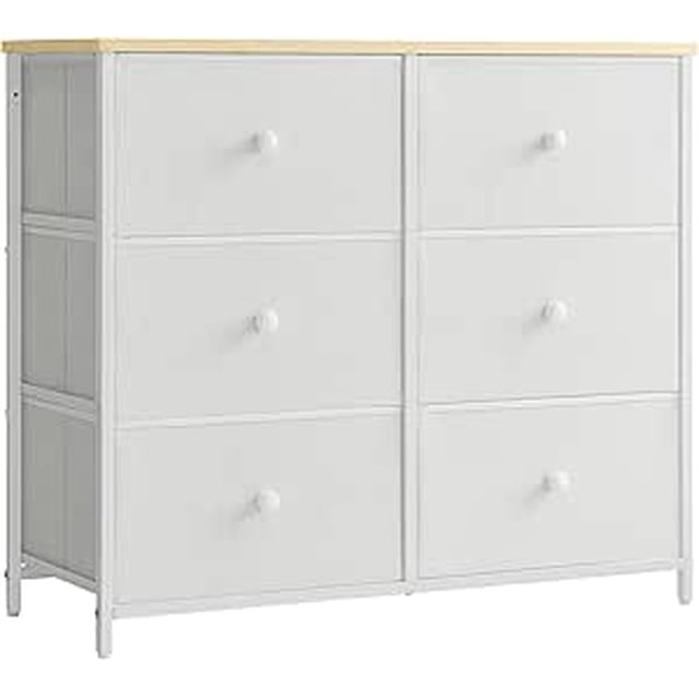 SONGMICS Cómoda con Cajones de Tela, Aramrio de Almacenamiento con 6 Cajones, Industrial, Marco de Acero, para Sala de Estar, Dormitorio, Pasillo, Blanco Crema y Roble