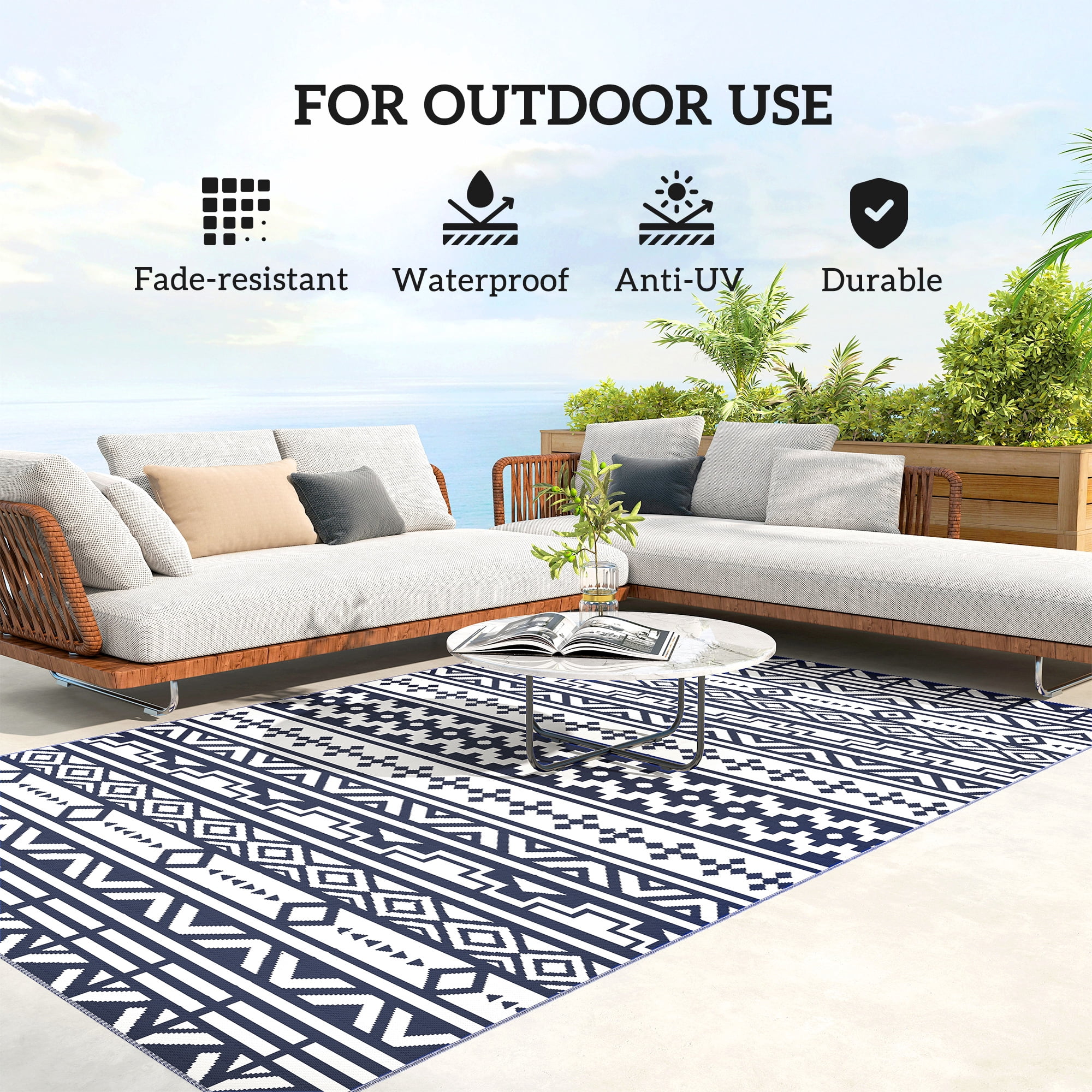 Outsunny Outdoor Patio Rug, Large Camping Carpet with Carrying Bag, 6' x 9' Waterproof Plastic Straw, Reversible, Blue & White Geometric