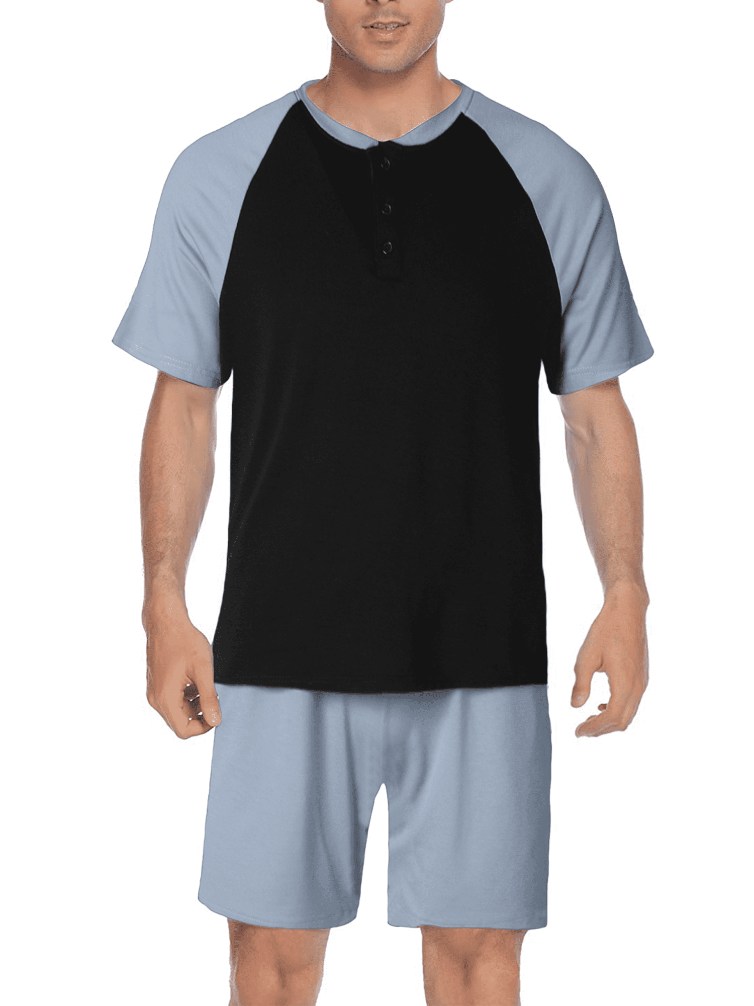 Merqwadd Men Pajama Shorts Set Short Sleeve Sleep Set VNeck PJ Set