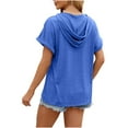 thumbnail image 4 of Wyobmus Women's Casual Summer Hoodies Rolled Short Sleeve Drawstring Hooded Tops Buttons Front V Neck Cute Pullover T-Shirts Tops S-2X Blue, 4 of 5