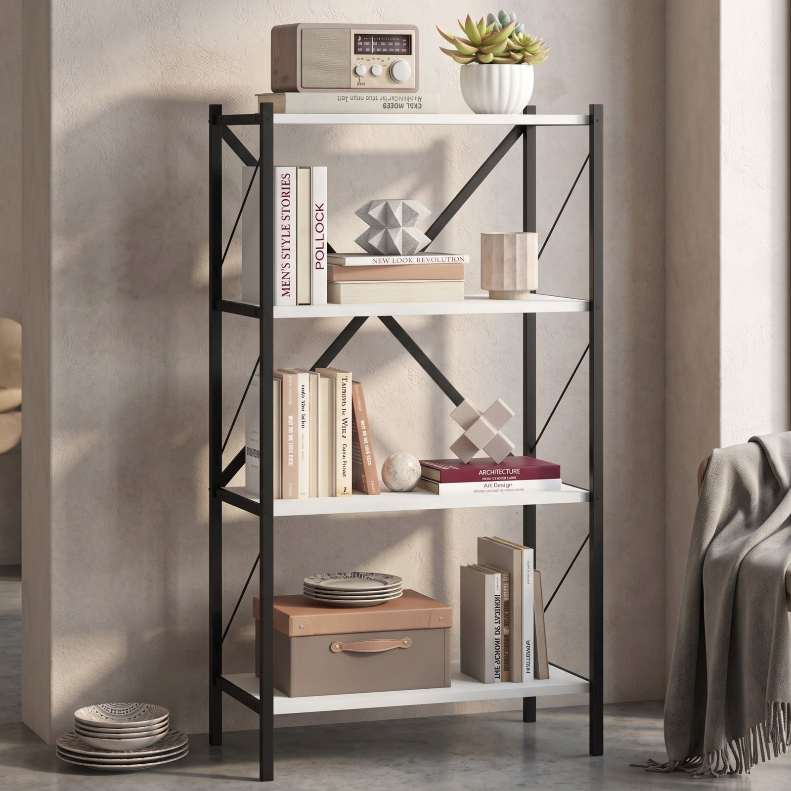 Furnibear 4-Tier Bookshelf with Heavy-Duty Metal Frame, X-Braced Freestanding Storage Bookcase Organizer Plant Stand for Living Room Bedroom Home Office, White