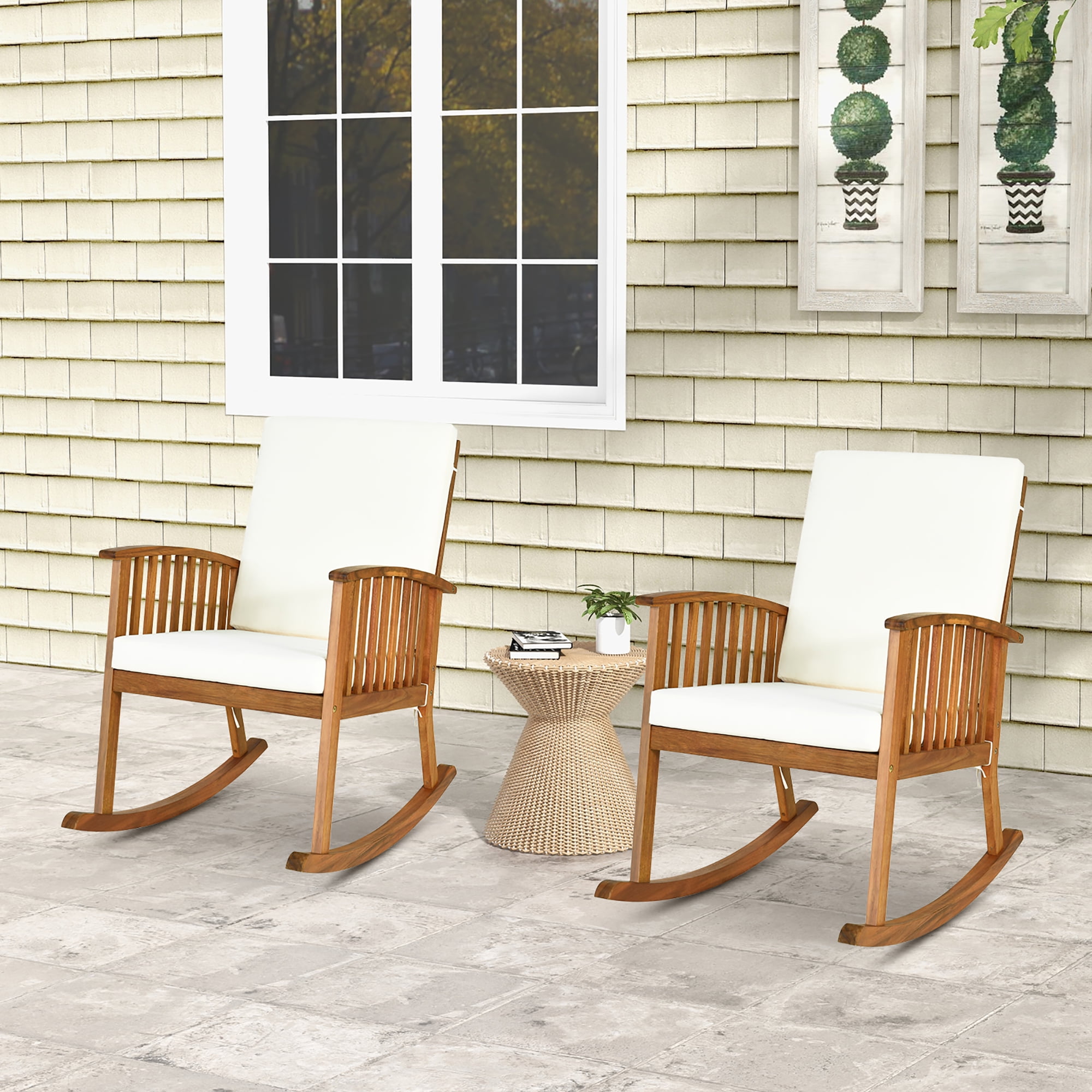 costway acacia wood rocking chair patio garden lawn w cushion