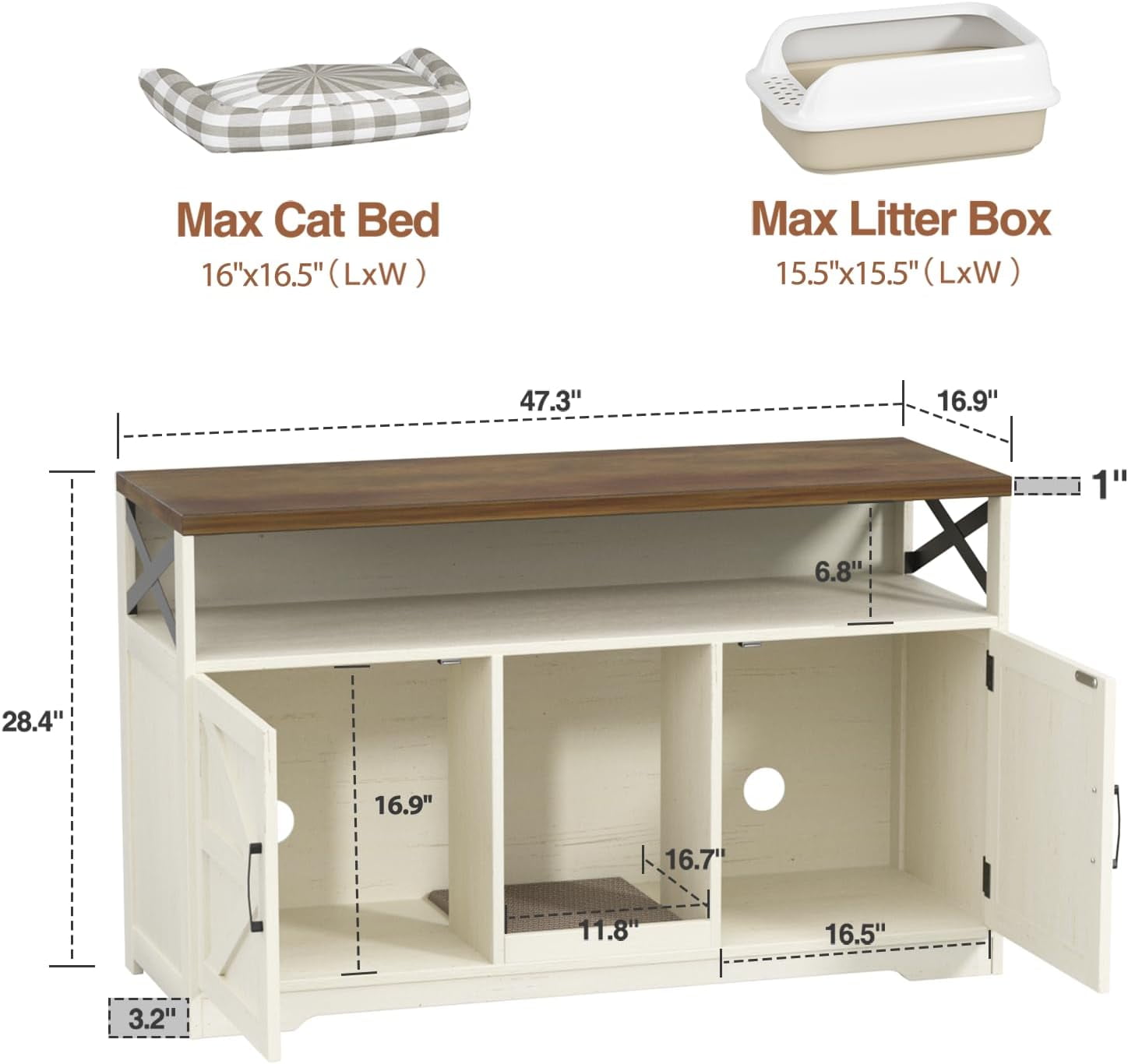 VEANERWOOD 47" Large Wood Cat Litter Box Enclosure, Hidden Cat House Washroom Furniture with Scratch Pad and Storage Shelf