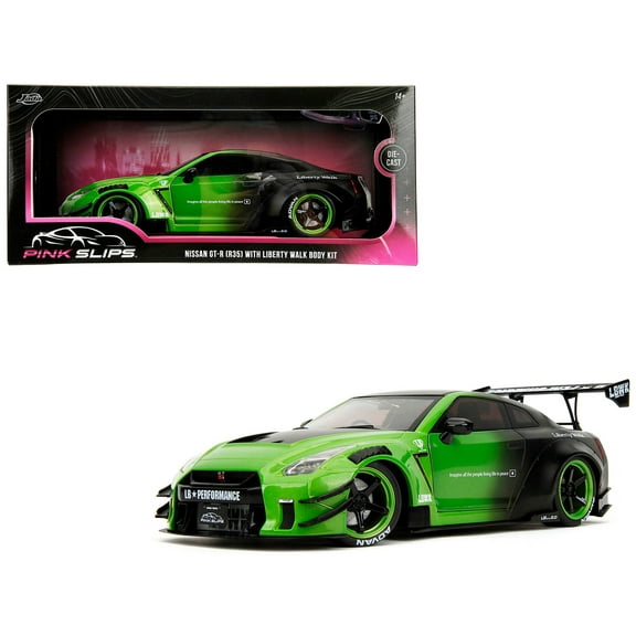 Nissan GT-R (R35) Liberty Walk Body Kit 2.0 RHD (Right Hand Drive) Green and Matt Black "Pink Slips" Series 1/18 Diecast Model Car by Jada