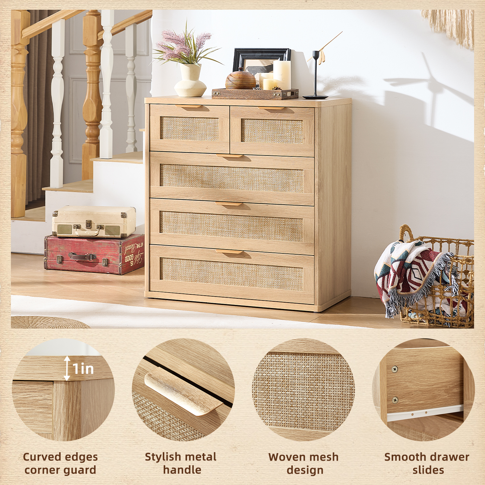 Upright Dresser for Bedroom Set of 2, Chest of Drawers, Modern 5 Drawers Boho Rattan Dressers with Storage, Dresser Natural Wood Closet Organizer for Living Room