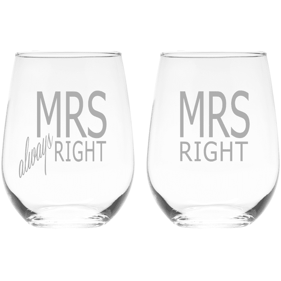 C&M Personal Gifts 17 oz Mrs Always Right and Mrs Right Stemless Wine Glass Set of 2 – Wedding, Anniversary, Couple Gift for Women