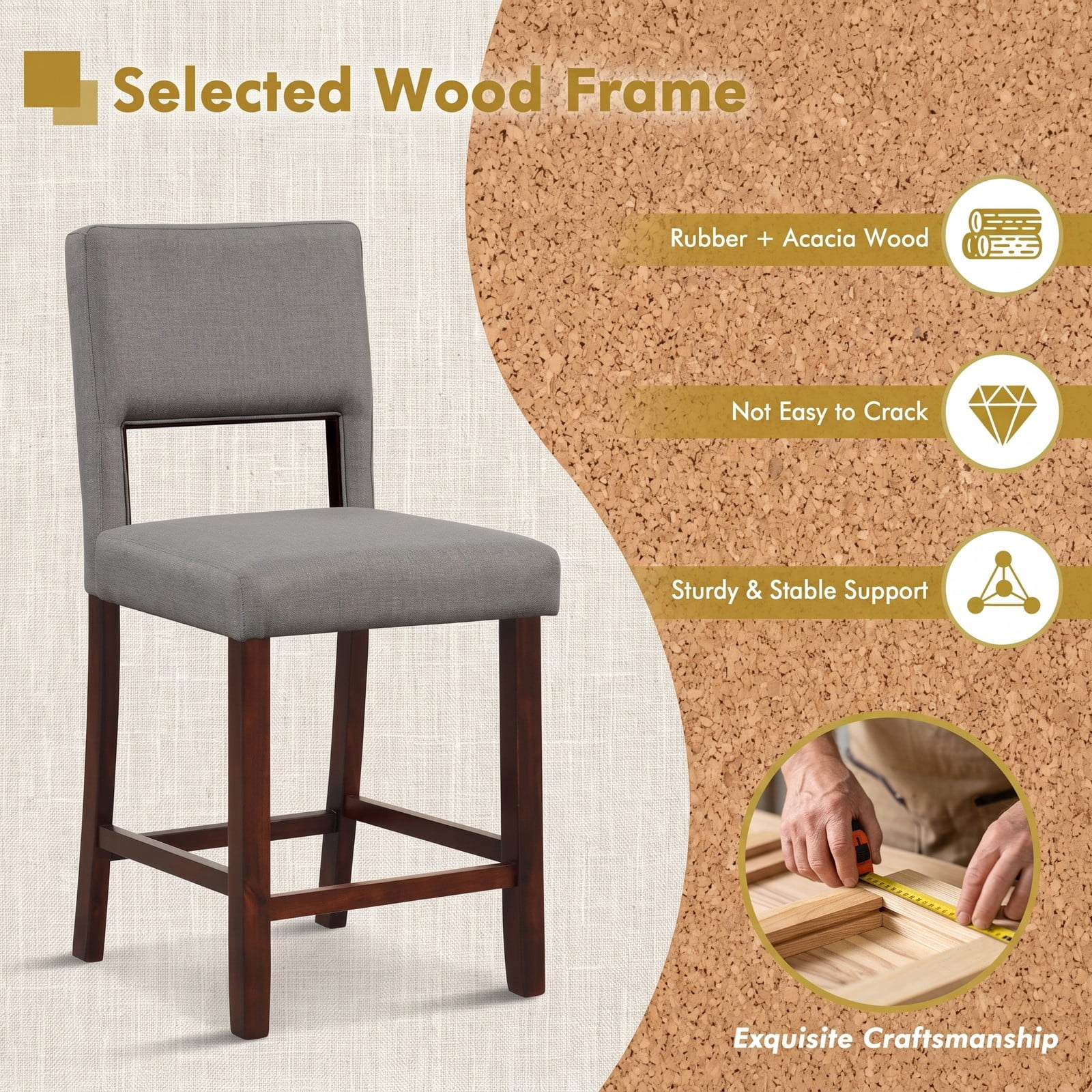 Furnibear Set of 2 Bar Stools with Hollowed Backrest, Rubber Wood Legs, Padded Seat, 24.5 Inch Counter Height Bar Chairs for Kitchen Pub Dining Room, 400 lb, Gray