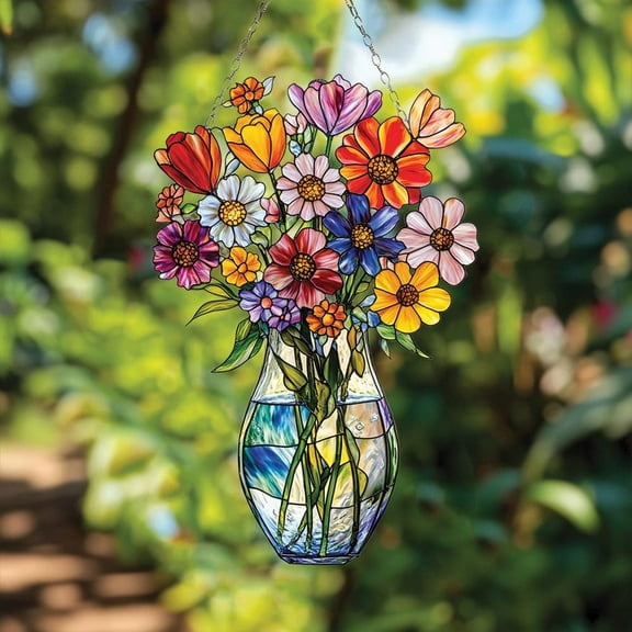 Wildflower Bouquet in Vase Acrylic Suncatcher Faux Stained Acrylic Window Hanging with Colorful Garden Flowers, Bright Spring Decor Gift