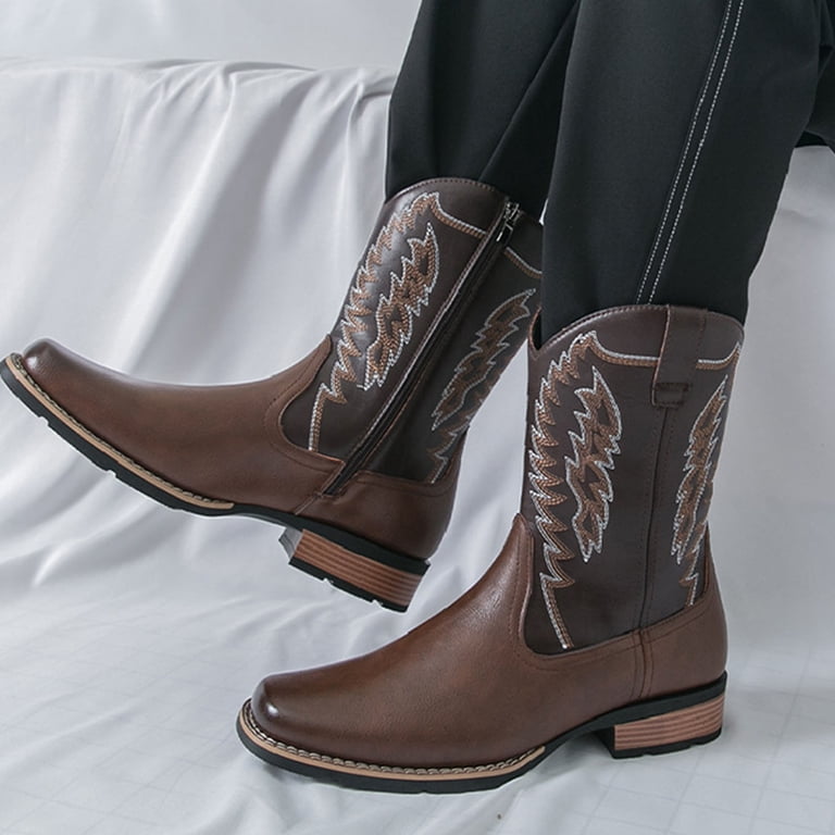 Men\'s Brown 2 Square Toe Chunky Heel Mid-calf Classic Embroidered Pull On Boots Amazon.com | Leather Cowboy Boots for Men Square Toe Chunky  main image 3