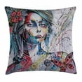 thumbnail image 1 of Art Throw Pillow Cushion Cover, Fantasy Portrait of a Girl with Floral and Geometric Details Butterflies Color Splashes, Decorative Square Accent Pillow Case, 24 X 24 Inches, Multicolor, by Ambesonne, 1 of 2