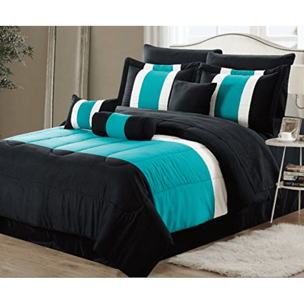 8 Piece Oversized Teal Blue Black Comforter Set Queen Bedding