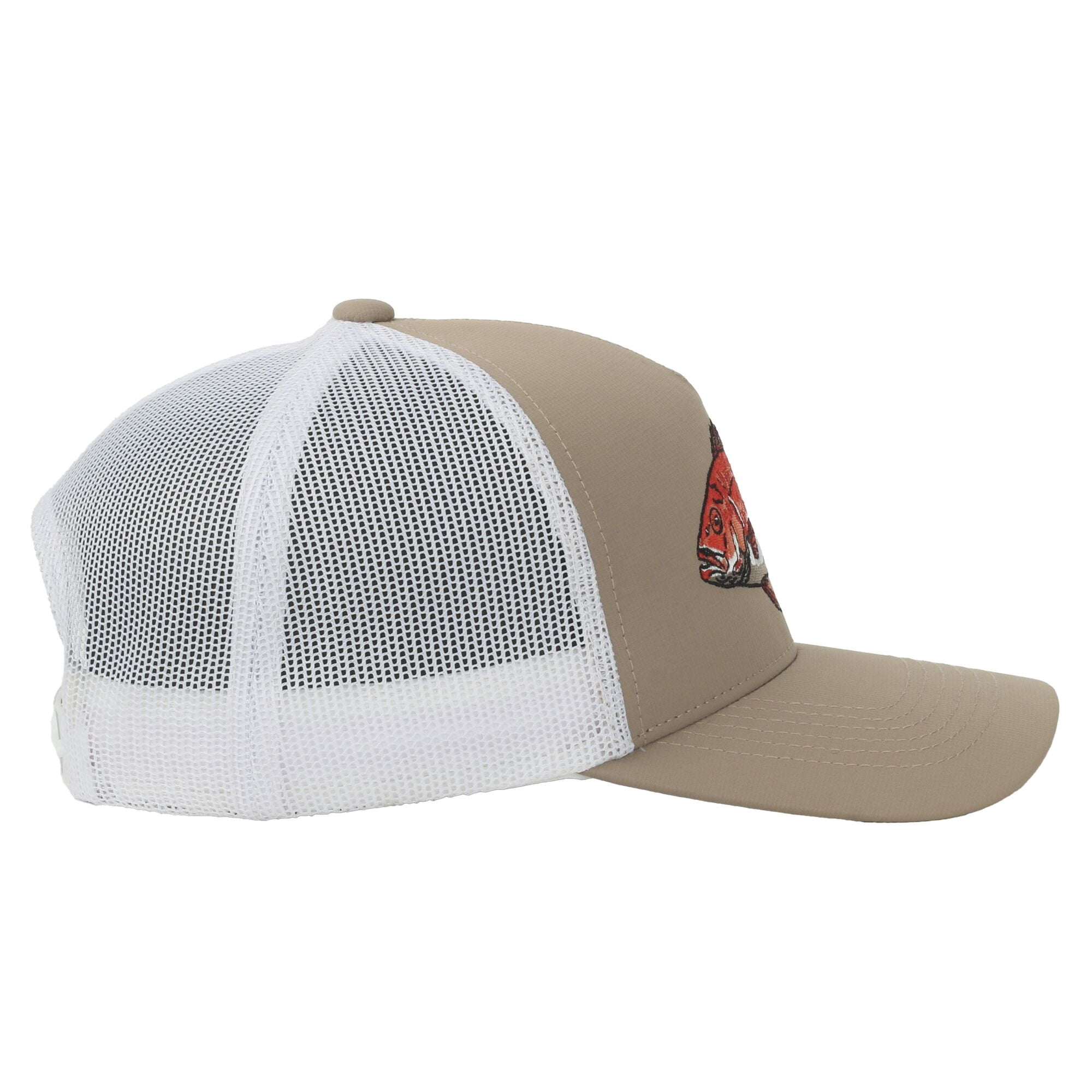 Khaki/White Red Snapper 5-Panel Fishing Cap – Structured, Embroidered, Snapback, One Size