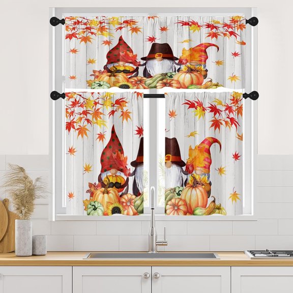 Thanksgiving Gnome Family Kitchen Curtains with Valance and Tier Sets 36 Inch, 3 Pieces Pumpkin Autumn Leaf Rod Pocket Drapes Window Treatment Curtains for Kitchen Over Sink Dining Room Decor