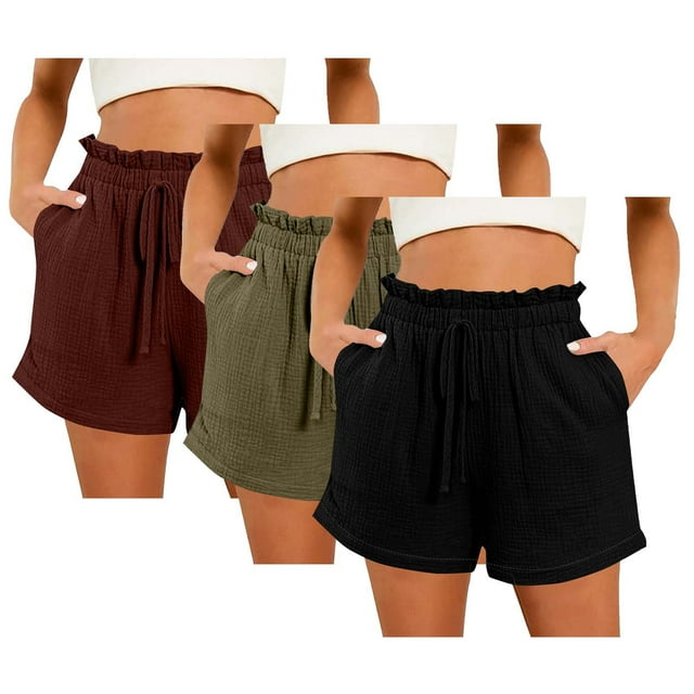 Hyknon 3PC Shorts for Women Summer Casual Solid Color Comfortable Loose Fitting Workout Shorts Elastic Waist Drawstring Sports Gym Running Shorts with Pockets