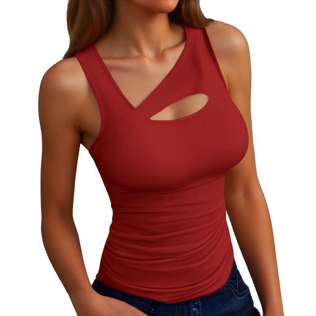 Camiseta sin mangas acanalada para mujer: cuello asimétrico, corte ajustado, poliéster elástico. Prenda básica sexy para el tiempo libre, fiestas y la playa.