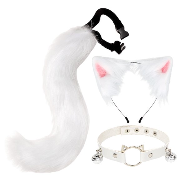Gargantilla de Cuero con Cola de Oreja de Gato de 3 Piezas, Kits de Disfraz de blanco Zulema Traje de juego de cosplay