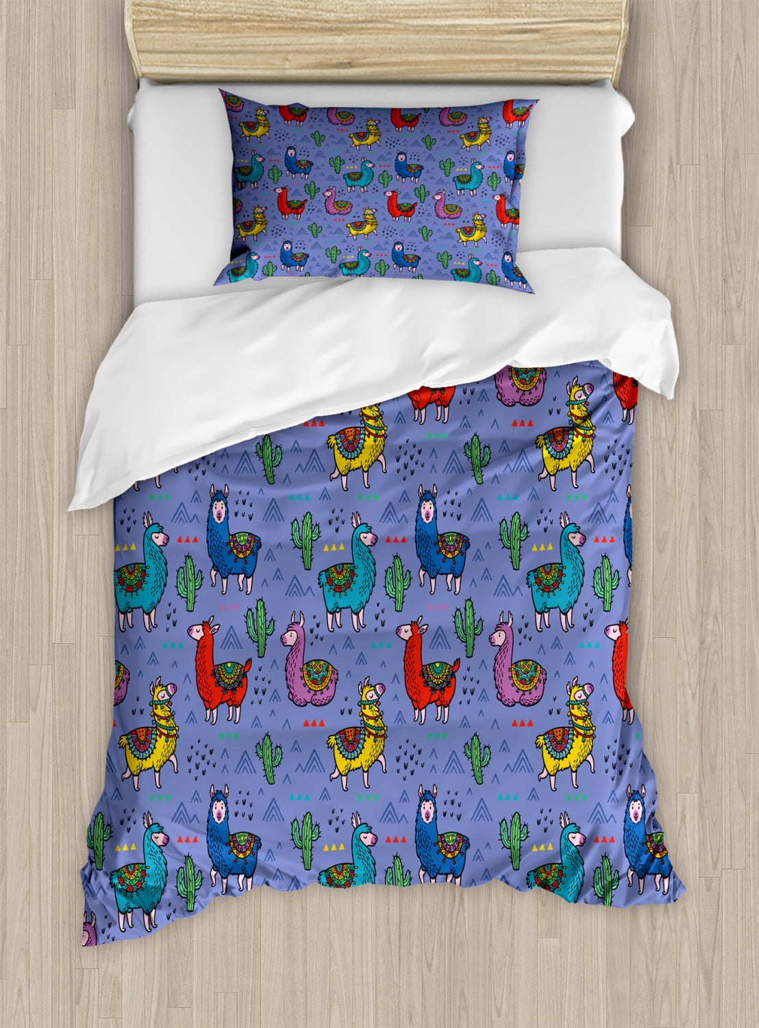Llama Duvet Cover Set Twin Size, Cartoon Style Furry Animals with