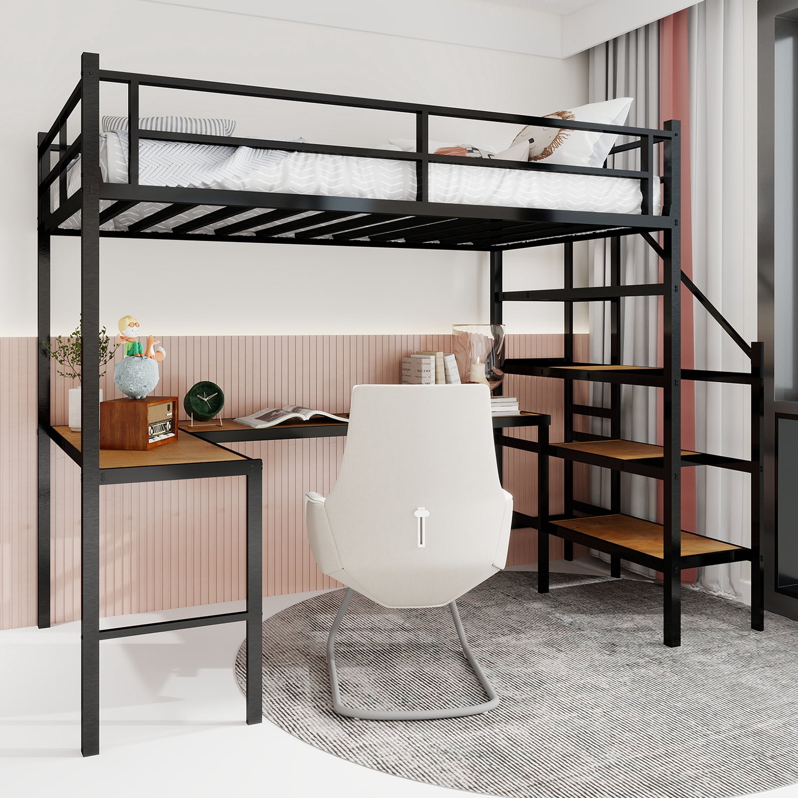 Alvantor Loft Bed Twin Size with L-shaped Desk, Metal Bed Frame with stairs for Kids/Teens, No Box Spring Needed Black