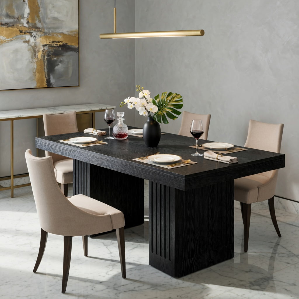 Hommoo 63 Inch Rectangular Dining Table for 4-6 People, Double Pedestal Kitchen Table with Scratch-Resistant, Modern Fluted Legs, Easy Assembly, Black