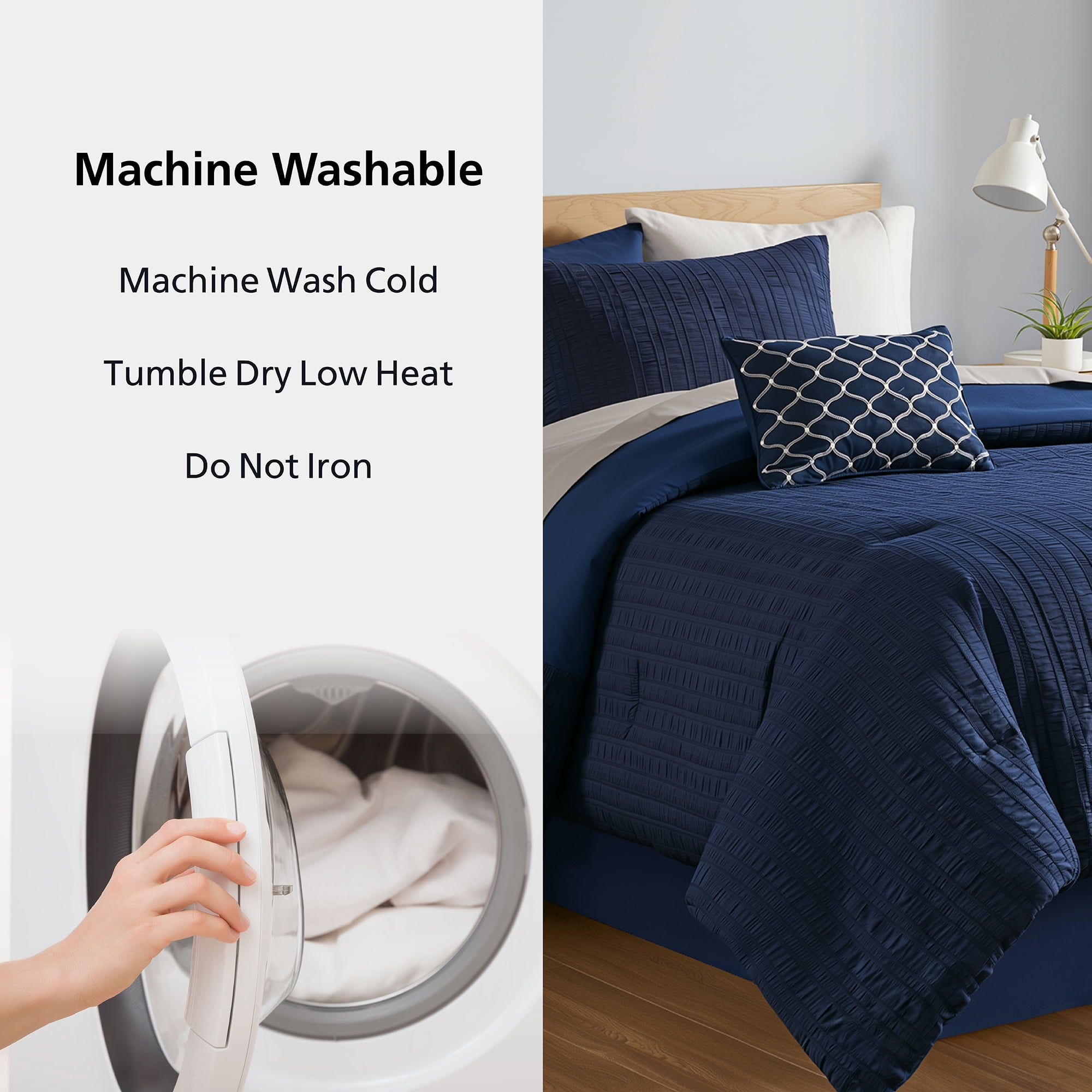 Mainstays All in One Reversible Comforter and Sheet set- 8 Piece, Twin, Navy Seersucker