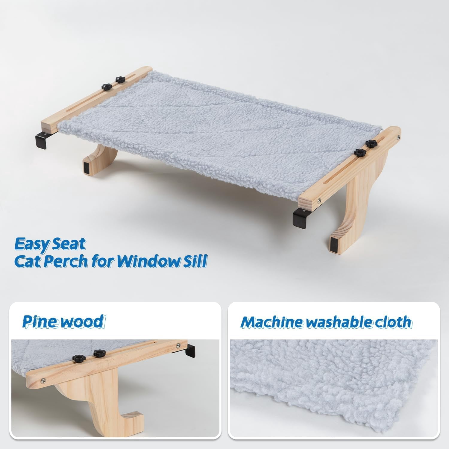 2PC Easy Seat Cat Perch for Window Sill - Hammock Design w/Pine Wood & Robust Metal Frame - Cat Window Seat for Large Cats and Kittens (Dark Stained Wood w/Gray Bed, Large (26''W x 14''D)