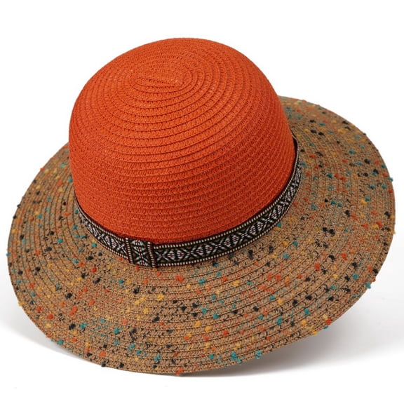 Karymi Sun Hats for Women Two-Tone Contrast Speckled Mix Woven Straw Sun Hat with Ethnic PatternBand, Solid Dome Crown Wide Floppy Brim Boho Style Beach Hat Trucker Hat