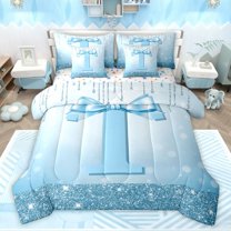 Castle Fairy Letter Monogrammed T Twin Bedding Sets 7-Piece for Kids Teens,Dreamy Princess Bow Knot Bedding Comforter Set Microfiber,Bling Gradient Blue Glitter Breathable Sheet Sets