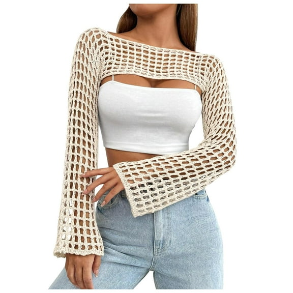 Women's Sweater Rainbow Hollow Out Long Sleeve Cutout Knitted Cover-Ups y2k Mesh Cropped Blouse Cozy Sweaters