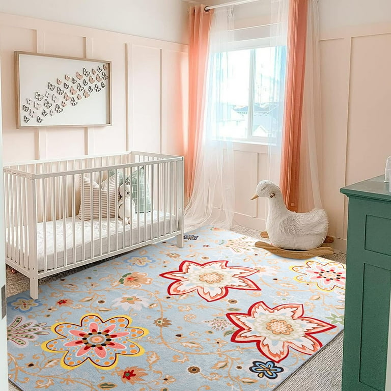 Dwelke Modern Floral Area Rug Washable Rug Non-Slip Colorful