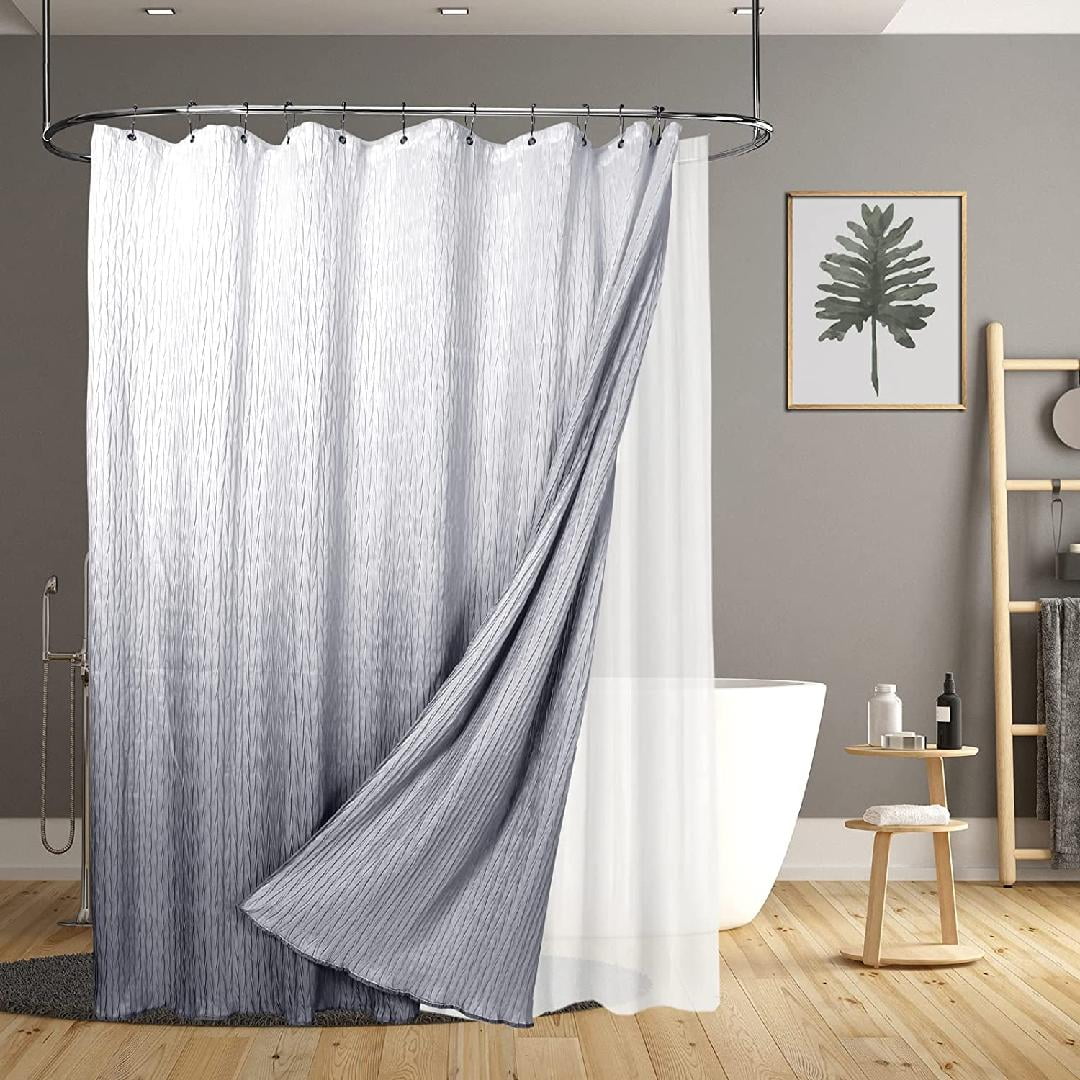 Grey Shower Curtain with Liner and Hooks, Ombre Gray Shower Curtains