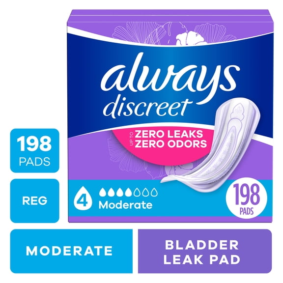 Always Discreet Adult Incontinence Pads for Women, Moderate Absorbency, Regular Length, Postpartum Pads, 198 Count