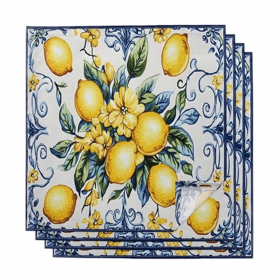 Yellow Lemon Cloth Napkins, Middle Century Blue Italian Textured Washable and Reusable Dinner Napkins Set of 4, Table Napkin for Kitchen Party Birthday Wedding Hotel Housewarming 20"x20"