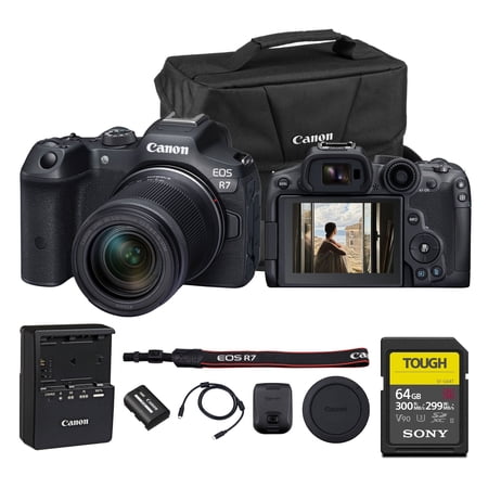 Canon EOS R7 Mirrorless Camera with 18-150mm Lens | Speed Precision and Versatility for Hybrid Creators (5137C009) + 64GB Memory Card + Canon Shoulder Bag