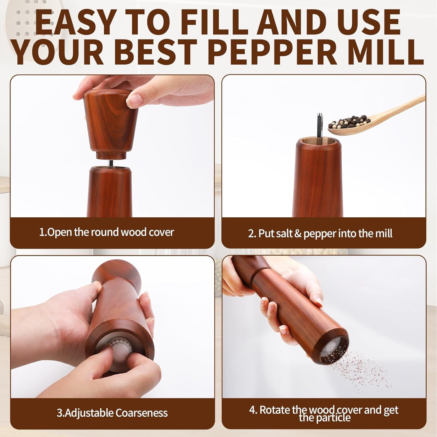 ABCISI Wooden Pepper Grinder,10In Wood Pepper Mill, Refillable Salt Grinder, Pepper Grinder Manual with Adjustable Ceramic Rotor, Easy Refill, Salt and Pepper Shakers with Coarseness Control 1-Pack