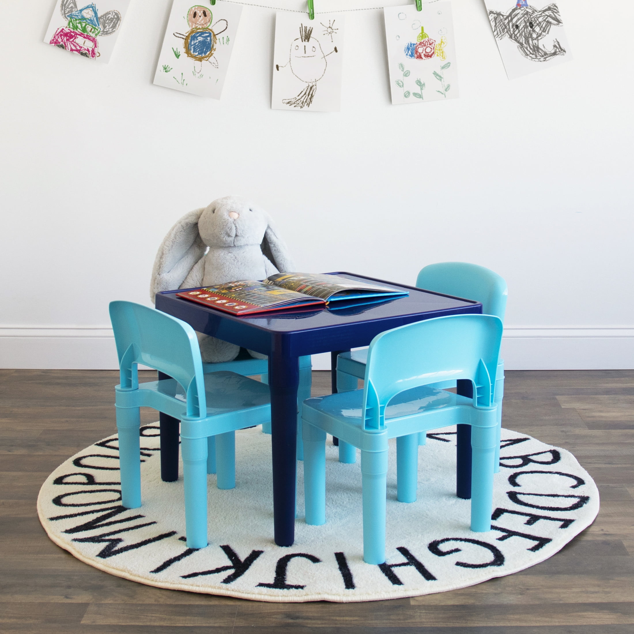 Humble Crew Jordan Toddler Lightweight Plastic Table and 4 Chairs Set, Square Navy Table & Blue Chairs