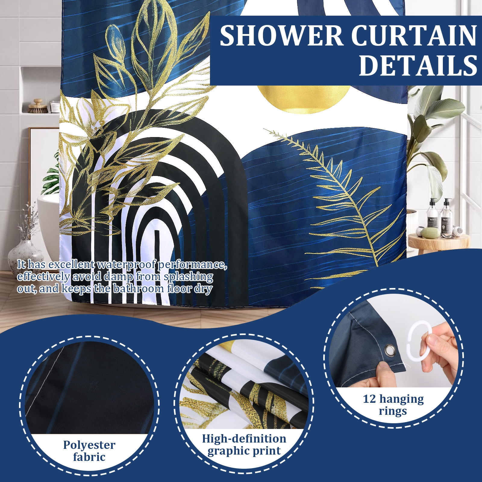 Dznils Boho Fabric Shower Curtain and Rug Sets, 16pc Modern Abstract Bathroom Sets, Blue, 72" x 72"