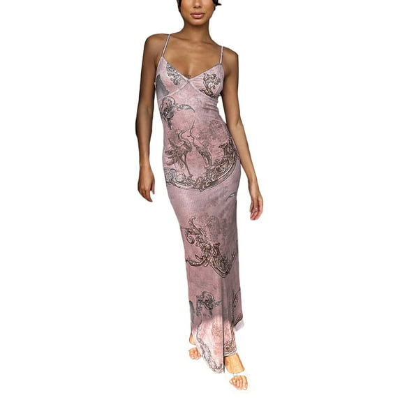 KelaJuan Women's Bodycon Long Dress, Vintage Floral Print Sleeveless Spaghetti Strap Party Dress