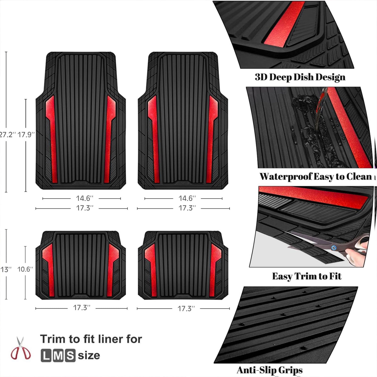 CAR GRAND Heavy Duty Rubber Car Floor Mats, Deep Dish Car Mats All Weather, Universal Trim-to Fit Automotive Floor Mats for Car SUV Truck Van, Durable Floor Liners waterproof anti-slip Black Red
