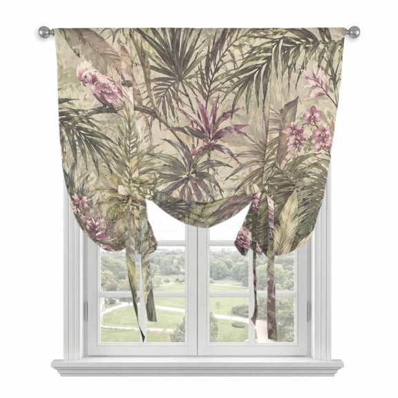 Tropical Plants Tie Up Curtains for Windows, Adjustable Balloon Window Shades, Rustic Summer Botanical Leaves Birds Floral Kitchen Window Treatments Farmhouse Short Curtains with Rod Pocket 42"x45"