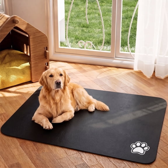 Dog Food & Water Bowl Mat for Messy Drinkers, Absorbent Pet Placemat - Quick Dry, Stain Resistant & Easy Clean (Black Paw, 18"x28")