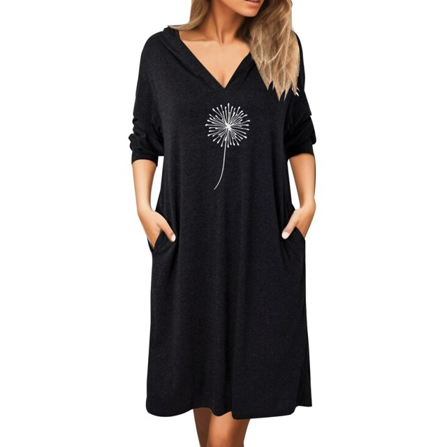 Gibobby Vestido Causal para Mujer de Verano Primavera Y Otoño Casual Suelto Manga Larga Bolsillo Con Capucha Estampado De Diente De León Vestido Casual Vestido(Negro,CH)