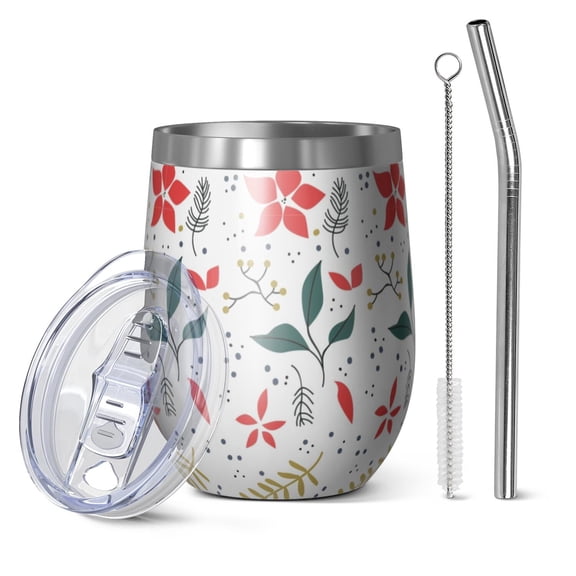 Floral 12oz Stainless Steel Insulated Wine Tumbler with Lid and Straw – Double Wall Vacuum Mug for Hot & Cold Drinks, 304 Steel Interior, Sweat-Free Design,Thanksgiving,Christmas, Spring,Flower