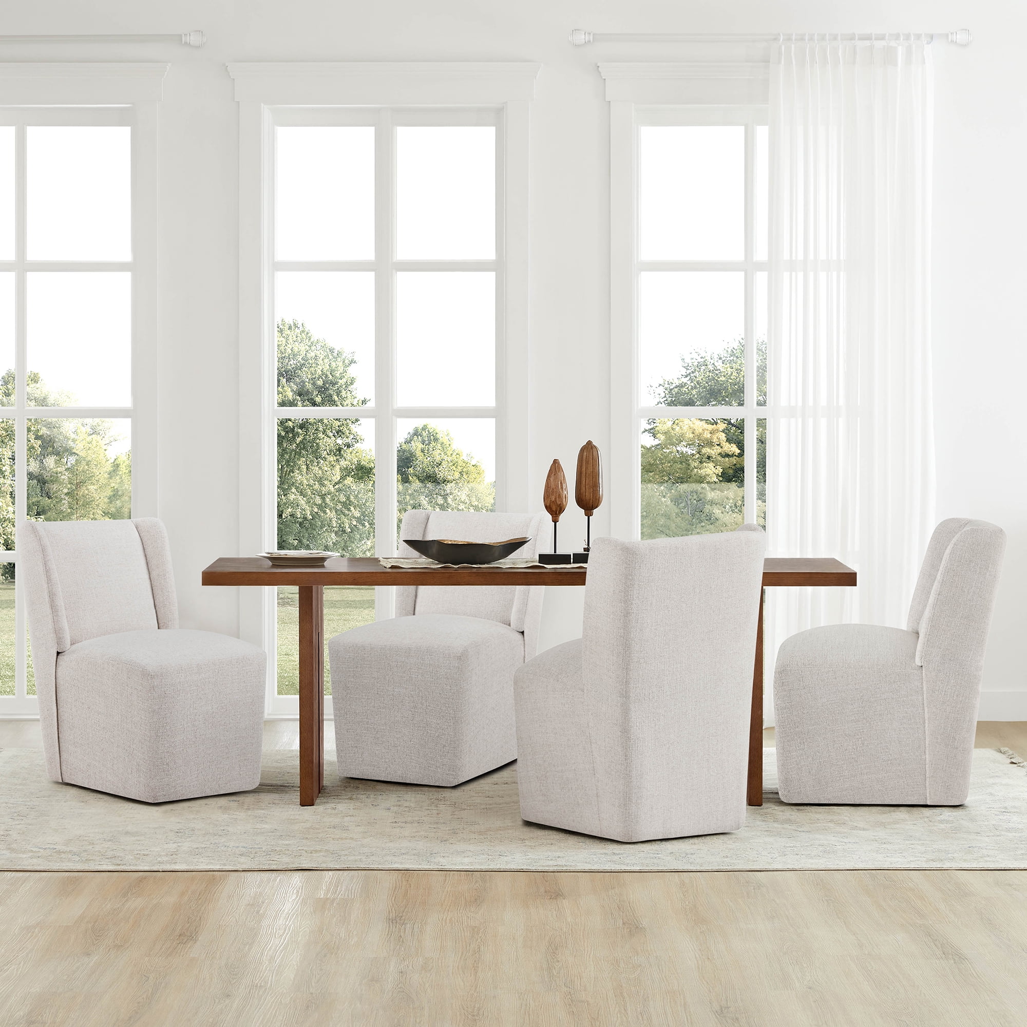Spruce & Spring Anywhere Upholstered Dining Chair with Hidden Detachable Casters, Stain-Resistant Linen-Look Fabric, White