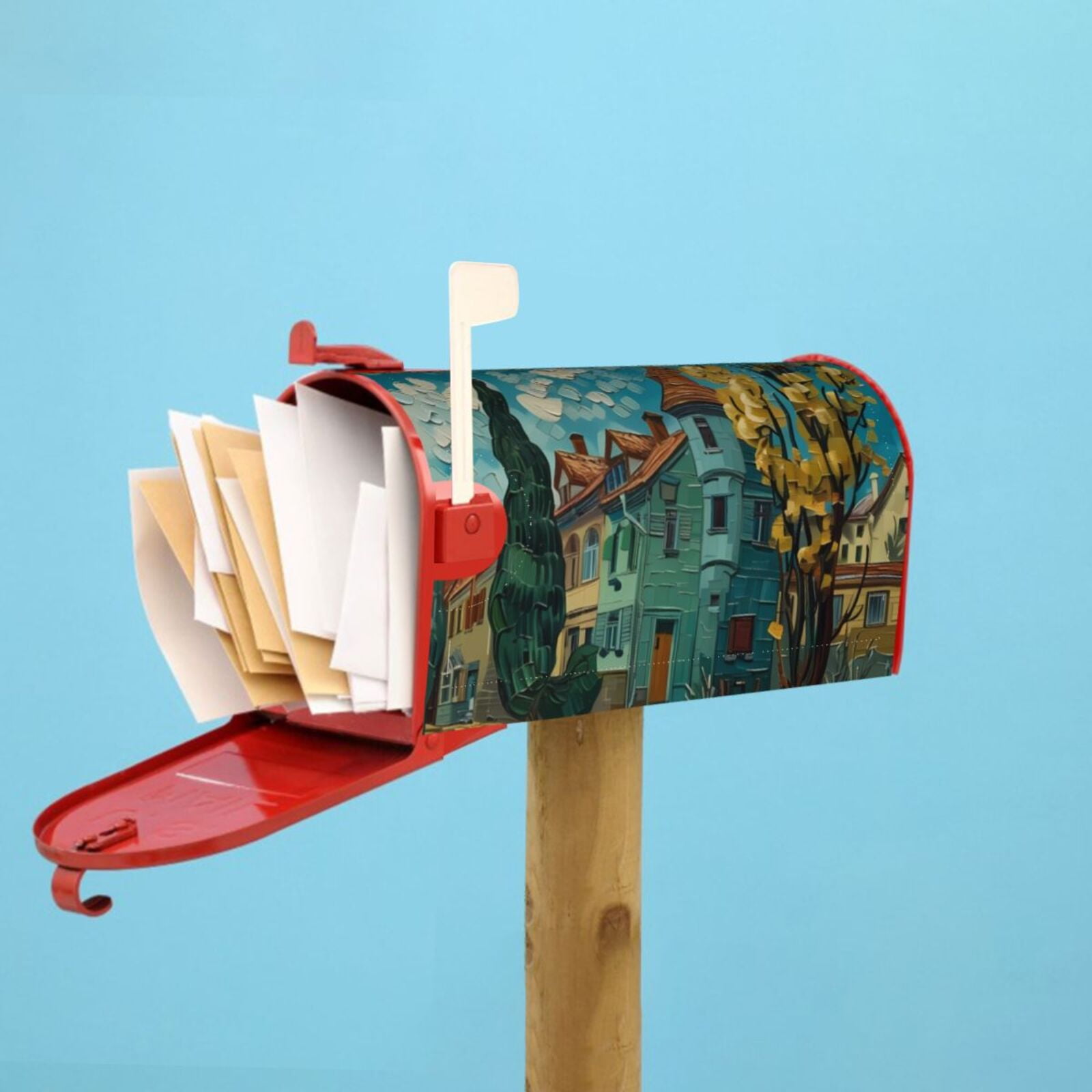 Gukieu Impressionist Village Sky Print Magnetic Mailbox Cover, Sun-proof and Waterproof Home Yard Mailbox Cover-21x18 in