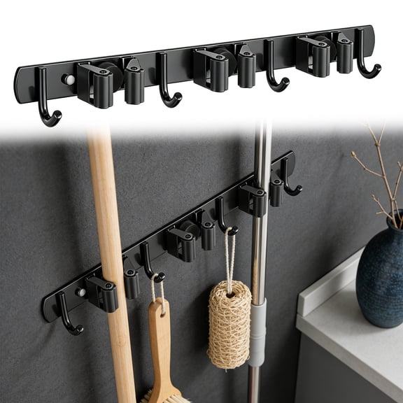 Mop and Broom Holder Wall Mount, 3 Racks with 4 Hooks, Stainless Steel Broom Organizer, Self Adhesive or Screw Mounted, Heavy Duty Storage for Home Kitchen Laundry Garage,15"×1.1",1PC (Black)