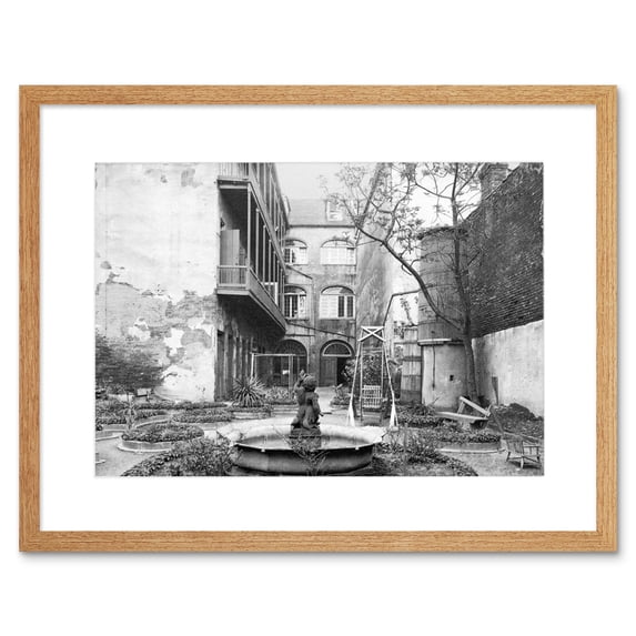 Vintage Black and White Photograph Old French Courtyard Fountain Swing New Orleans Louisiana Artwork Framed Wall Art Print 12X16 Inch