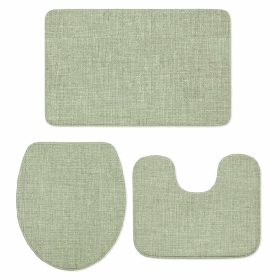 Vintage Linen Bathroom Rugs Set Pastoral Sage Green Linen Texture Farmhouse Non Slip Absorbent Soft Bath Mats 3 Piece Set with Bathroom Rug, U-Shaped Floor Mat, Toilet Seat Cover Small Size